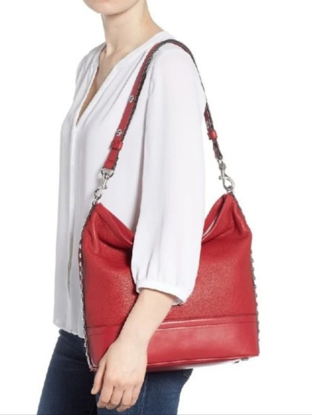 Rebecca Minkoff Red‎ Leather Silver Studded Blythe Dual Strap Hobo Shoulder Bag
